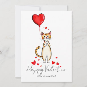 Eine Katze hält einen Herzluftballon zum Valentins Karte