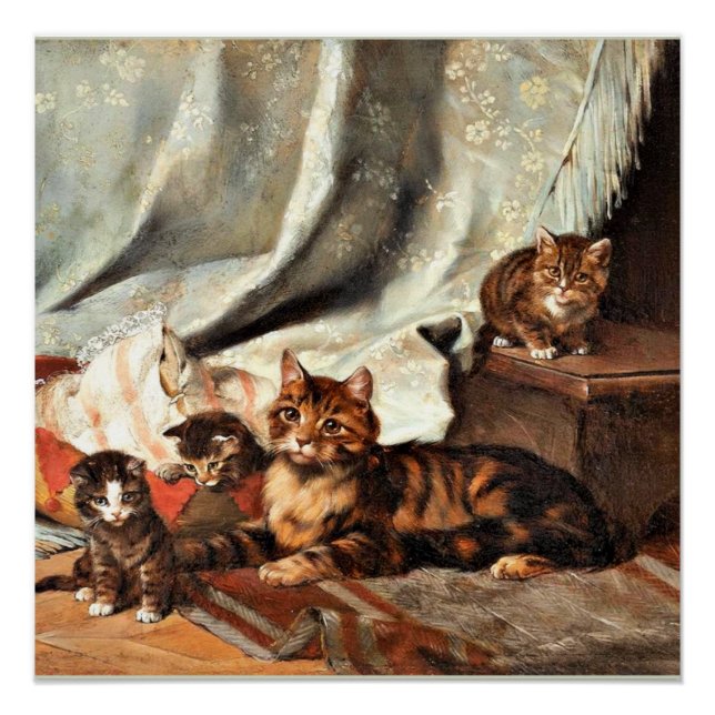 Eine Katze mit drei Kätzchen, schöne Kunstmalerei Poster (Vorderseite)