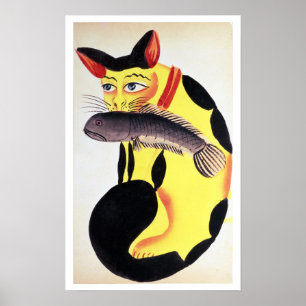 Eine Katze mit einem Fisch in seinem Mund, vom Poster