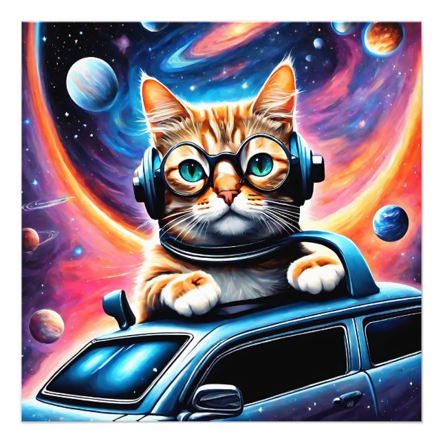 Eine Katze mit Kopfhörer und Brille auf ... Fotodruck (Vorne)