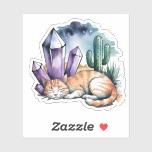 Eine Katze mit Kristallen in der Wüste Aufkleber