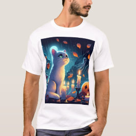 eine Katze sitzt vor einem Kürbis mit einem Geist T-Shirt