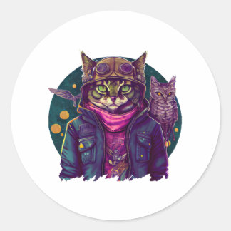 Eine Katze und eine Eule Runder Aufkleber