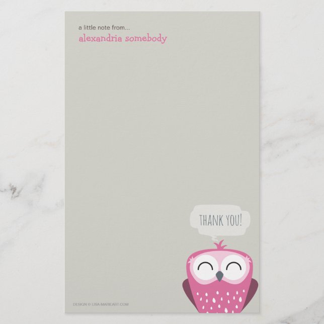 Eine kleine Anmerkung danken Ihnen rosa Eule Briefpapier (Vorderseite)