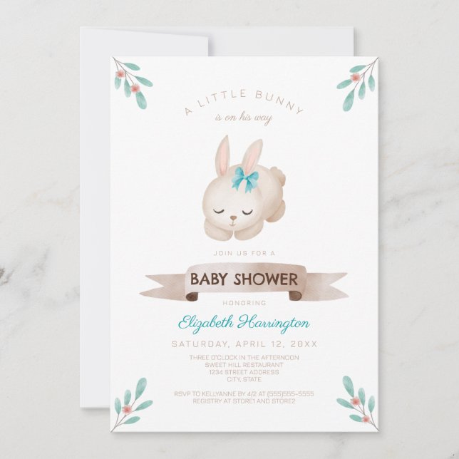 Eine kleine Bunny Spring Boy Baby Dusche Einladung (Vorderseite)
