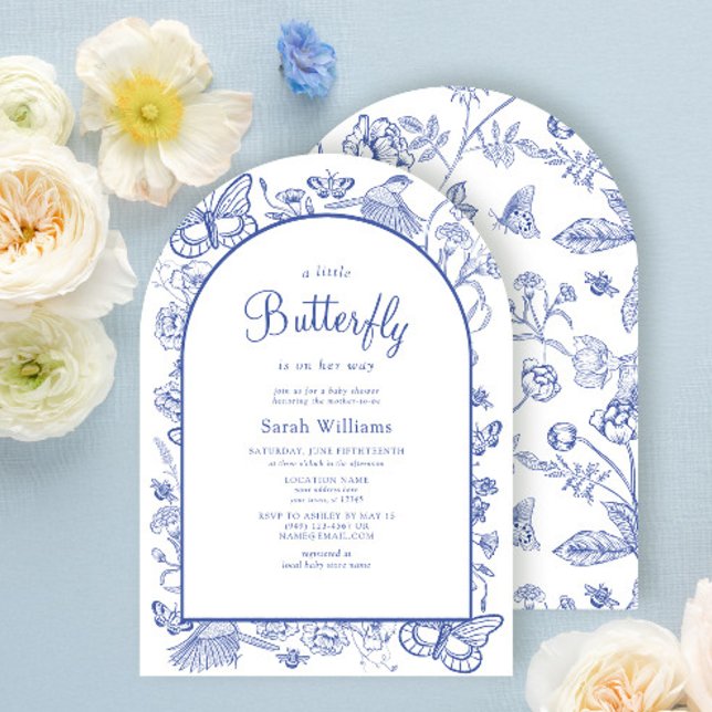 Eine kleine Butterfly Blue & White Floral Baby Dus Einladung (Von Creator hochgeladen)