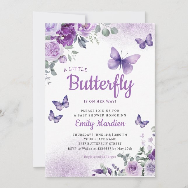 Eine kleine Butterfly Boho lila Girl Baby Dusche Einladung (Vorderseite)