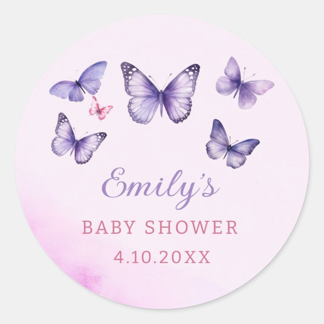 Eine kleine Butterfly-lila Girl-Baby-Dusche Runder Aufkleber (Vorderseite)