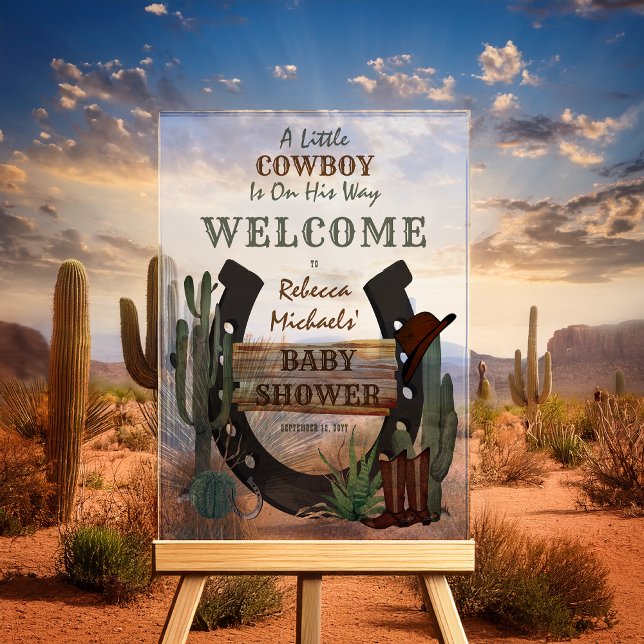 Eine kleine Cowboy-Western-Kinderdusche Acrylschild ("A Little Cowboy Is On His Way Welcome" Western Themed Baby Shower Acrylic Sign)