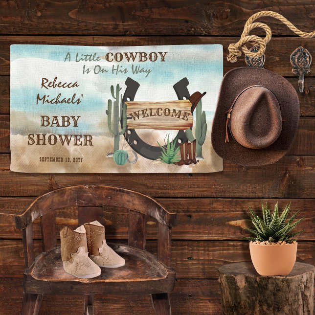 Eine kleine Cowboy-Western-Kinderdusche Banner ("A Little Cowboy Is On His Way"  Rustic Western Boy Baby Shower Banner)
