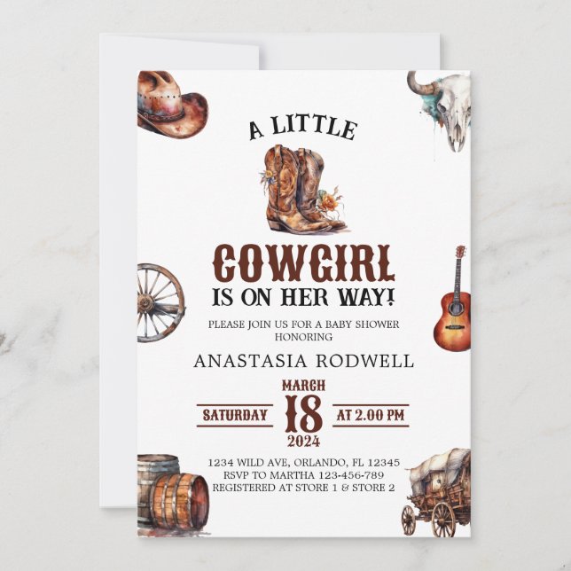Eine kleine Cowgirl Wild West Girl Baby Dusche Einladung (Vorderseite)
