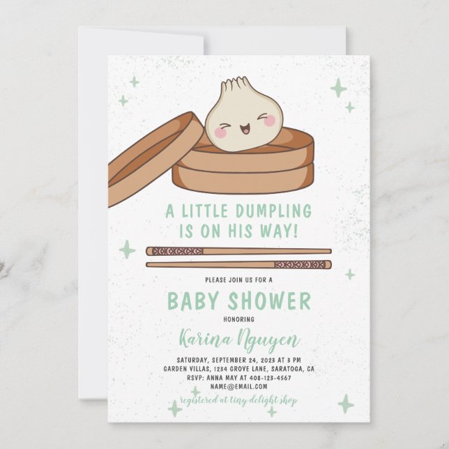 Eine kleine Dumpling ist auf dem Weg zur Babydusch Einladung (Vorderseite)