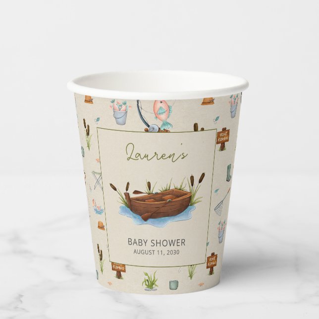 Eine kleine Fisherman Watercolor Script Baby Dusch Pappbecher (Vorderseite)