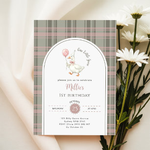 Eine kleine Gans Rosa Schleife Gingham 1. Geburtst Einladung