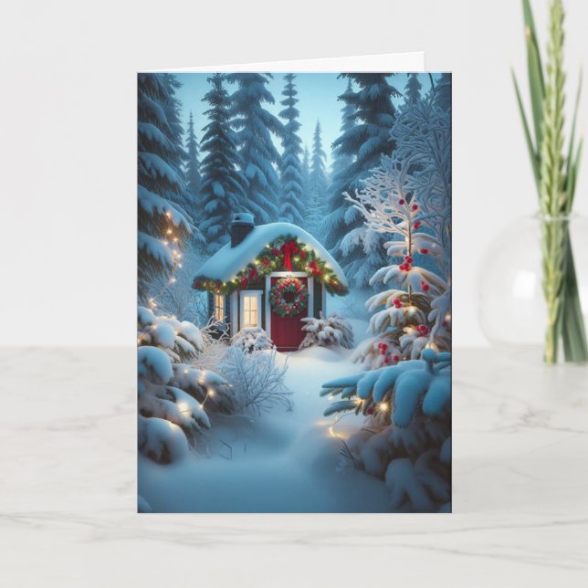 Eine kleine Hütte im Wald | Weihnachten Karte (Vorderseite)