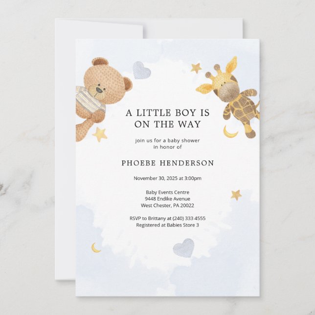 Eine kleine Junge Pastel Blue Niedlich Baby Dusche Einladung (Vorderseite)