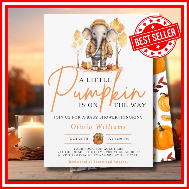 Eine kleine Kürbis Herbst ELEPHANT Kinderdusche Einladung (A Little Pumpkin is on the Way Fall Autumn CUTE ELEPHANT Baby Shower Invitation)