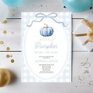 Eine kleine Kürbis-vornehme blaue Herbst-Baby-Part Einladung
