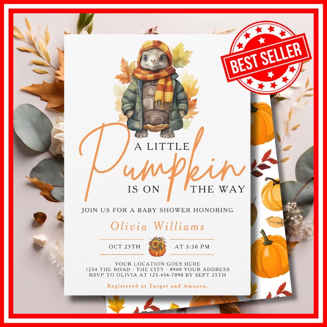 Eine kleine Kürbisfallen Herbstdusche Einladung (A Little Pumpkin is on the Way Fall Autumn CUTE TURTLE Baby Shower Invitation)