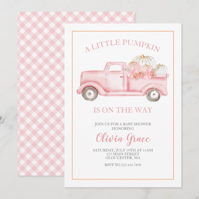 Eine kleine Kürbispuppe Dusche Pink Truck Einladun Einladung (Vorne/Hinten)