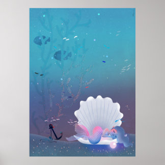 Eine kleine Meerjungfrau, die in einer Muschel sch Poster