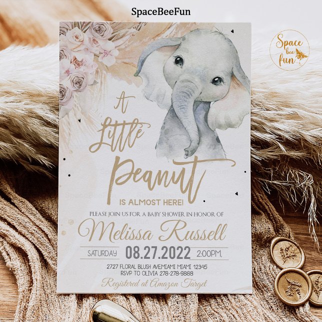 Eine kleine Peanut Elephant Babydusche Boho Safari Einladung (Safari invites,Elephant invite,boho Baby Shower,Invitation,Girl Safari,Elephant Invites,A little pea)