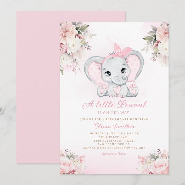 Eine kleine Peanut Floral Elephant Girl Baby Dusch Einladung (Vorne/Hinten)