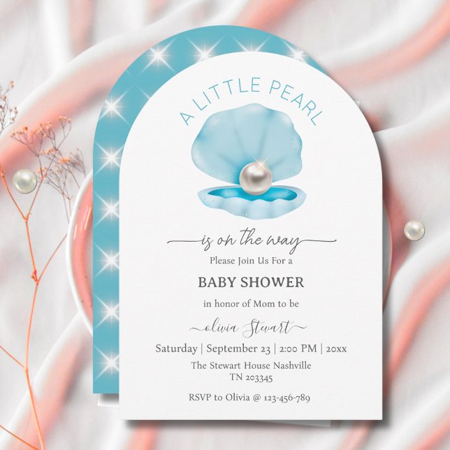 Eine kleine Perle ist auf dem Weg Blue Baby Shower Einladung (Von Creator hochgeladen)