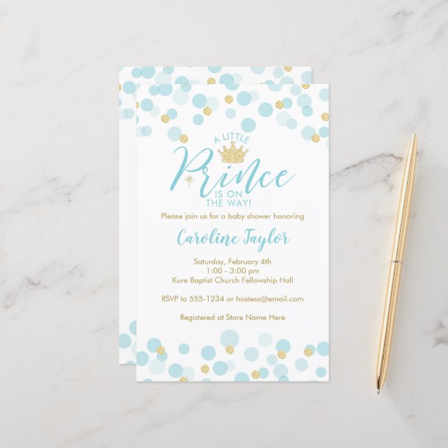 Eine kleine Prince Blue Gold Baby Dusche Einladung (Vorderseite/Rückseite Beispiel)