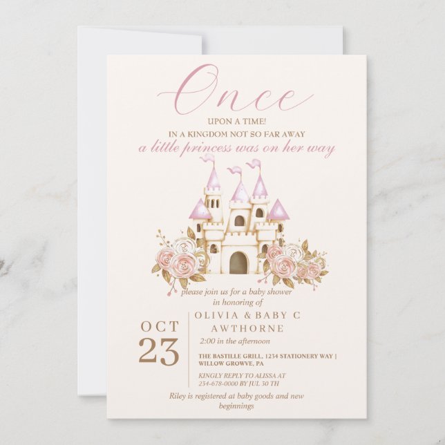 Eine kleine Prinzessin Pink Castle Florals Baby Du Einladung (Vorderseite)