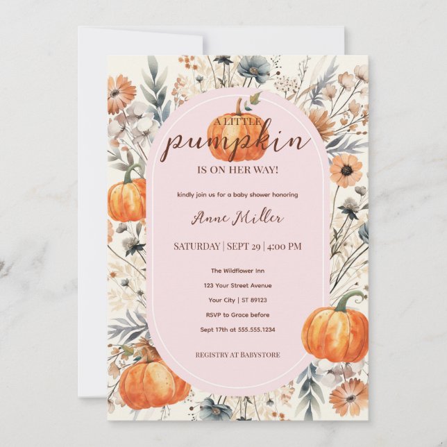 Eine kleine Pumkin Floral Baby Girl Dusche Einladung (Vorderseite)