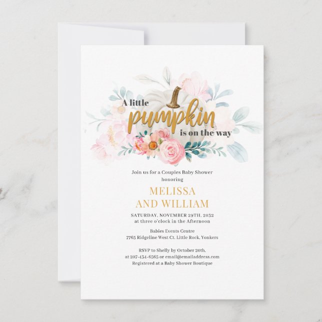 Eine kleine Pumkin Floral Couples Baby Dusche Einladung (Vorderseite)