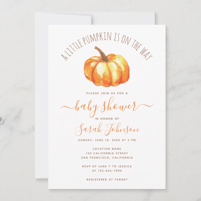 Eine kleine Pumpkin Autumn Baby Dusche Wasserfarbe Einladung (Vorderseite)