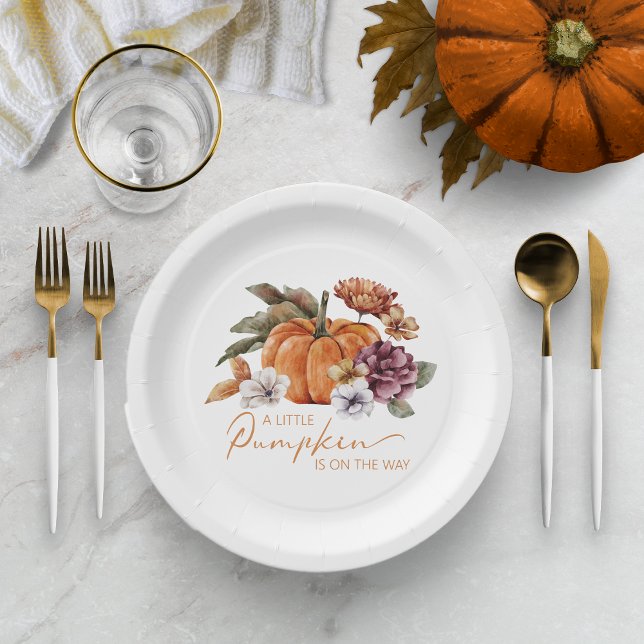 Eine kleine Pumpkin Baby-Duschplatte Pappteller (Fall In Love With Baby Paper Plate Decor Baby Shower Fall Autumn Watercolor Pumpkin Floral)