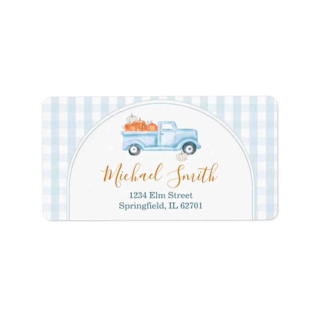 Eine kleine Pumpkin Blue Truck Baby Dusche Adresse Adressaufkleber (Vorne)