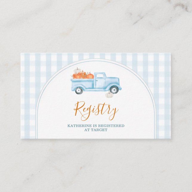 Eine kleine Pumpkin Blue Truck Baby Dusche Registr Begleitkarte (Vorderseite)