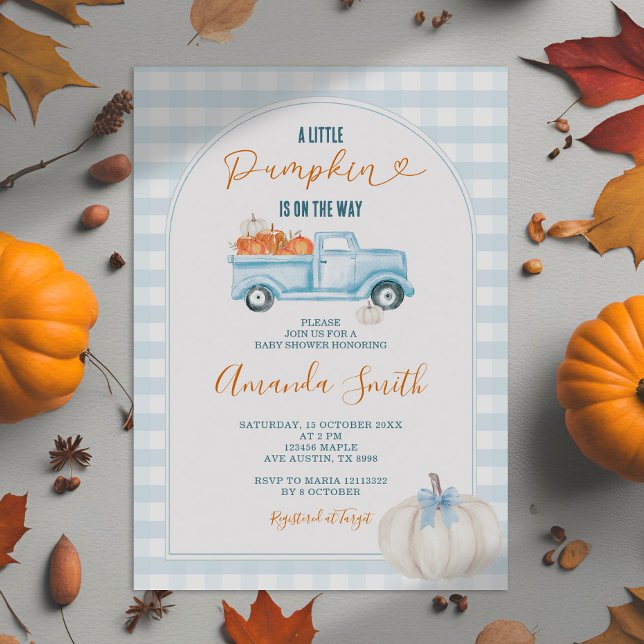 Eine kleine Pumpkin Blue Truck Gingham Baby Dusche Einladung (Von Creator hochgeladen)