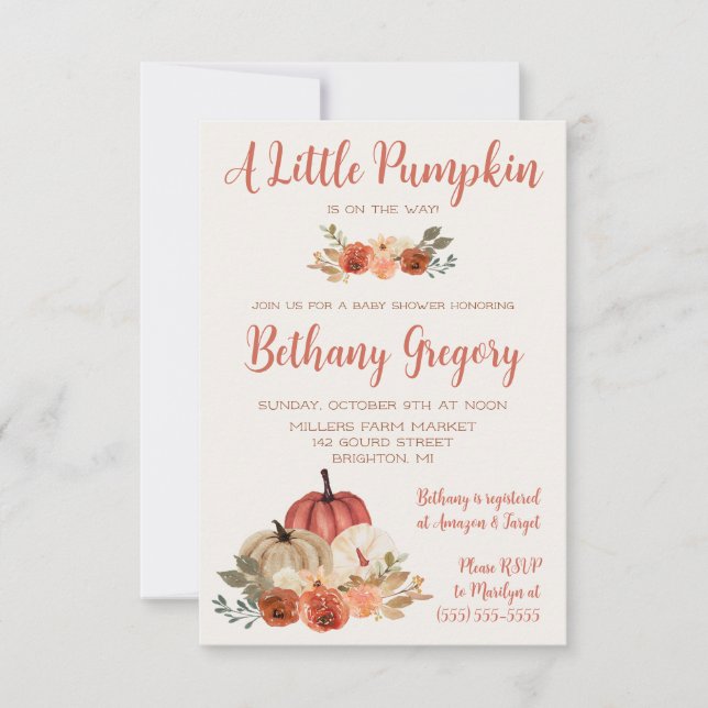 Eine kleine Pumpkin Blush Floral Swash Baby Dusche Einladung (Vorderseite)