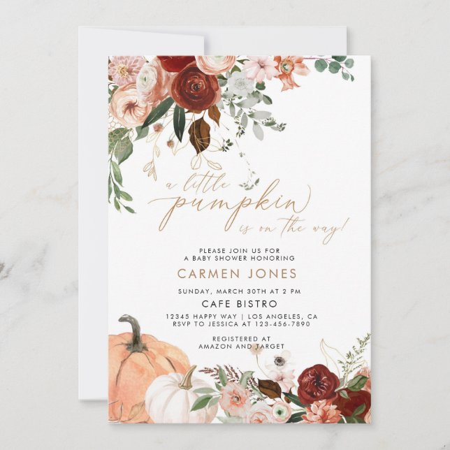 Eine kleine Pumpkin Fall Baby Dusche Einladung (Vorderseite)