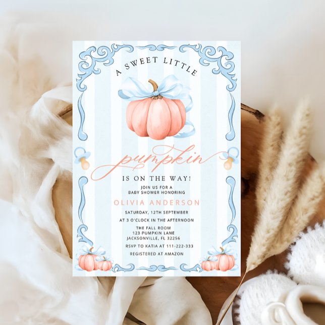Eine kleine Pumpkin Fall Blue Bow Baby Dusche Einladung (Von Creator hochgeladen)