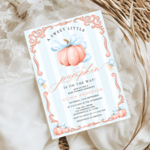 Eine kleine Pumpkin Fall Blue Bow Boy Baby Dusche Einladung