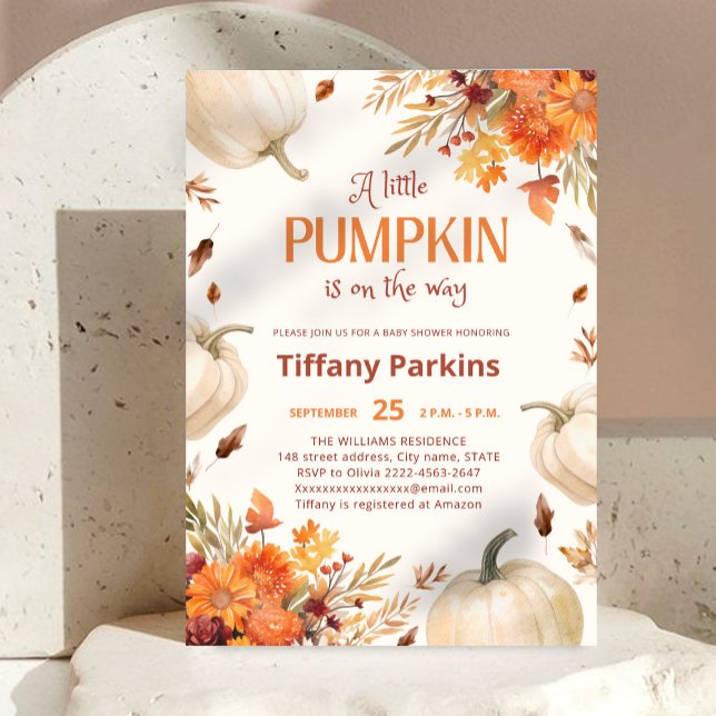 Eine kleine Pumpkin Fall Blume Kinderdusche Einlad Einladung (Little pumpkin is on the way 🎃 Cozy fall baby shower invite with autumn florals 🍂✨)