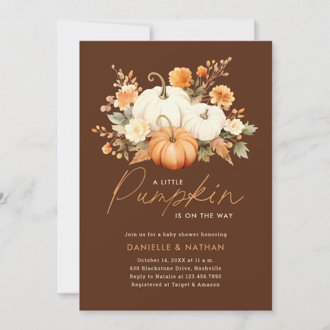 Eine kleine Pumpkin Fall Floral Baby Dusche Einladung (Vorderseite)