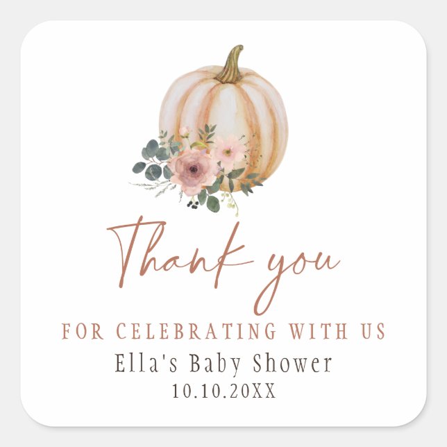 Eine kleine Pumpkin Floral Fall Baby Dusche Quadratischer Aufkleber (Vorderseite)