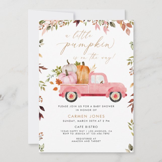 Eine kleine Pumpkin Pink Truck Fall Baby Dusche Einladung (Vorderseite)