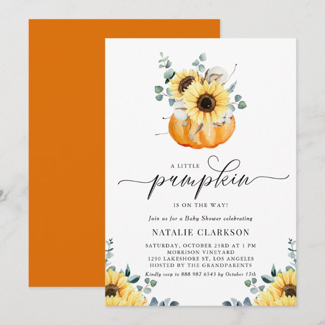 Eine kleine Pumpkin Rustic Sonnenblumenbeutel Baby Einladung (Vorne/Hinten)