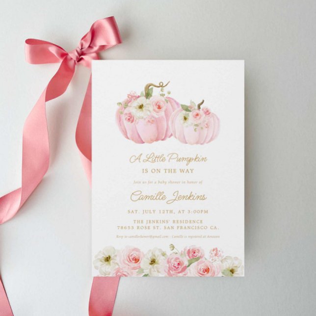 Eine kleine Puppen-Pink-Mädchen-Dusche Einladung (Elegant A Little Pumpkin on the way baby shower invitation)