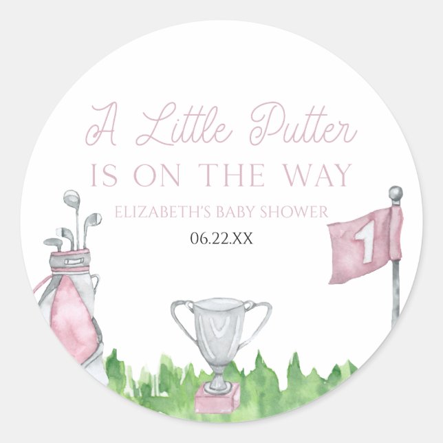 Eine kleine Putter Pink Golf Baby Dusche Runder Aufkleber (Vorderseite)