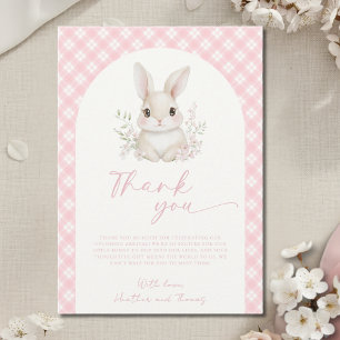 Eine kleine rosa Gingham-Baby-Party mit Häschen Dankeskarte
