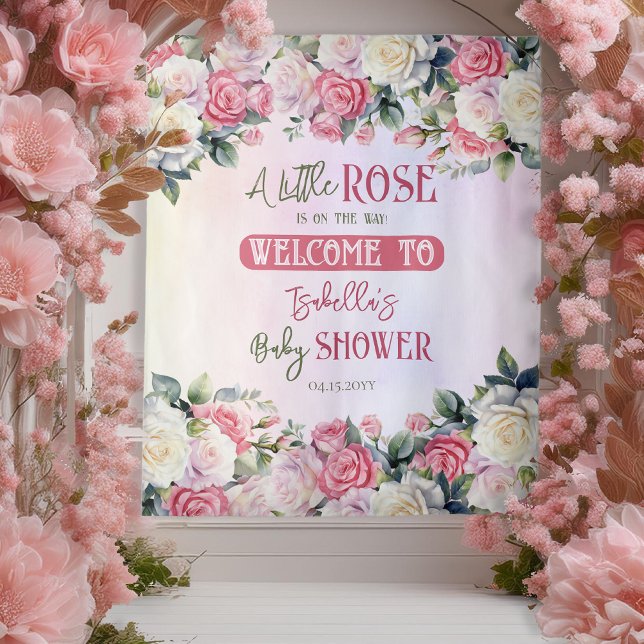 Eine kleine Rose Blumenspüle mit Babydusche im Hin Wandteppich (Pink Rose Floral Bouquets Girl Baby Shower "Welcome" Backdrop -- A Little Rose Collection)